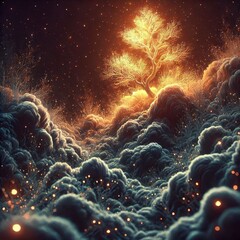 Wall Mural - Fog in nature, trees and village