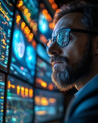 Leinwandbilder - Individual analyzing intricate data on multiple screens in a modern control room, emphasizing the role of technology, cybersecurity, and digital defense