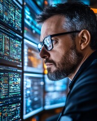 Leinwandbilder - Individual analyzing intricate data on multiple screens in a modern control room, emphasizing the role of technology, cybersecurity, and digital defense