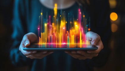 Aufkleber - Individual holding a tablet with colorful data visualizations, symbolizing modern technology, digital innovation, and advanced data insights