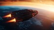© Phatharaporn - A futuristic spacecraft soars through space, leaving fiery trails against a stunning sunset backdrop over Earth.