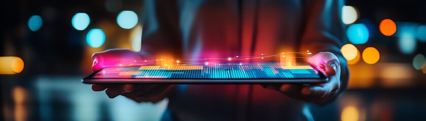 Aufkleber - Individual holding a tablet with dynamic data visualization, symbolizing modern technology, digital innovation, and the future of analytics
