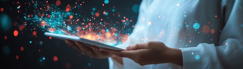 Aufkleber - Individual holding a tablet with dynamic data visualization, symbolizing modern technology, digital innovation, and the future of analytics