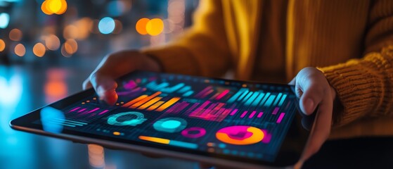 Aufkleber - Person holding a tablet displaying vibrant data visualization, representing digital innovation, modern technology, and realtime data analysis