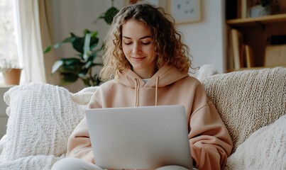 Wall Mural - Woman Typing on Laptop in a Cozy Home