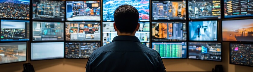 Leinwandbilder - Person intently reviewing complex data on multiple screens in a hightech control room, highlighting technology, cybersecurity, and information security