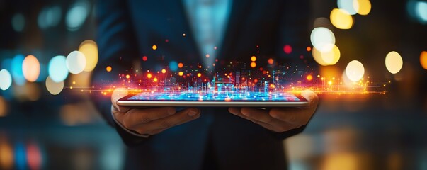 Aufkleber - Professional displaying a tablet with vibrant data visualization, emphasizing digital transformation, modern technology, and innovative analytics