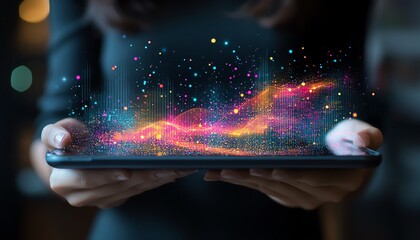 Aufkleber - Professional holding a tablet with vibrant data visualization, showcasing modern technology, digital innovation, and advanced analytics