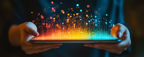 Aufkleber - Professional with a tablet showing colorful data visuals, representing digital innovation, modern technology, and the power of realtime data analysis