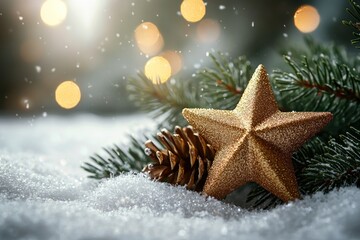 Wall Mural - Golden star and pinecone on snow with pine branches and festive glowing bokeh lights by Generative AI