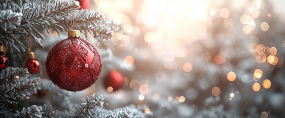 Wall Mural - Red Christmas ornament hanging on a frosted branch with festive bokeh lights in a winter setting by Generative AI