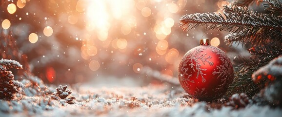 Wall Mural - Red Christmas ornament hanging on a snowy pine branch with glowing bokeh lights and frosty background by Generative AI