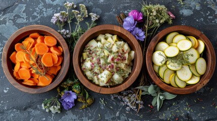 Wall Mural - Three wooden bowls of sliced carrots, potatoes, and zucchini with herbs.