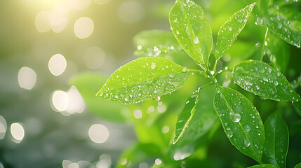 Poster - Dew drops on vibrant green leaves in sunlight.