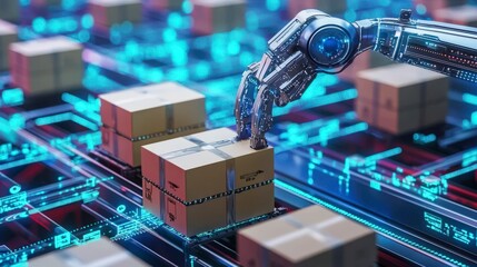 Poster - Robotic arm stacking boxes on conveyor belt warehouse technology showcase industrial setting close-up automation innovation