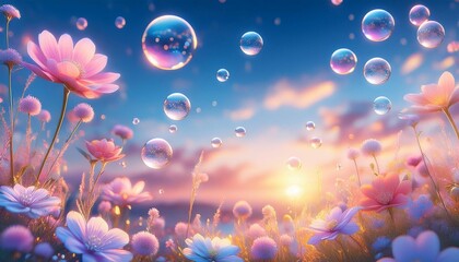 Wall Mural - shiny flowers and bubbles on beauty pink and blue sunset sky gentle abstract background kawaii or an