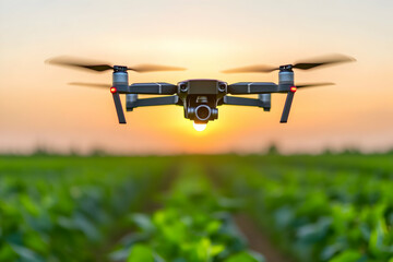 Sticker - Drone flying over a field at sunset.