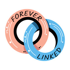 Poster - A pair of interlocking rings with the words linked forever written on them, a flat sticker 