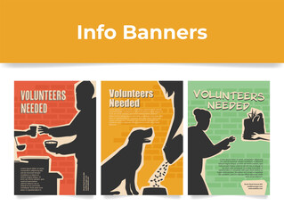 Wall Mural - Volunteers needed advertising black silhouette banner design template set vector flat