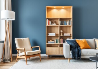 Wall Mural - Beige armchair near sofa. Book shelf and floor lamp against blue wall. Scandinavian home interior design of modern living room 