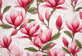 Poster - Elegant Vector Illustration of Red and Pink Magnolia Flowers on Textile Fabric