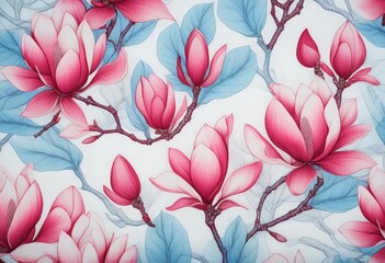 Poster - Elegant Vector Illustration of Red and Pink Magnolia Flowers on Textile Fabric