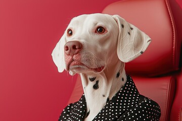 Wall Mural - Fancy dress for fashionable pet dog concept. Dog dressed in a polka dot shirt against a red background