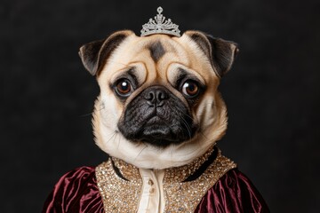 Wall Mural - Fancy dress for fashionable pet dog concept. Regal pug wearing a crown and royal attire against a dark background