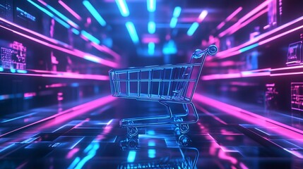 Wall Mural - a futuristic shopping cart in a neon-lit digital environment.