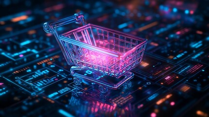 Wall Mural - a glowing shopping cart on a digital background, symbolizing e-commerce.