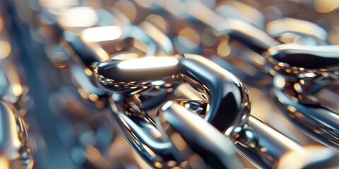 Close-up 3D Render of a Chrome Chain with Detailed Reflections and Bokeh Background