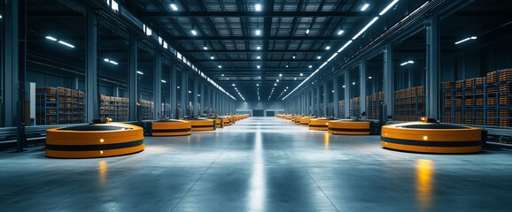 Poster - Modern warehouse with automated transport vehicles and organized storage.