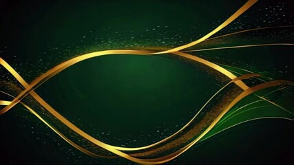 Wall Mural - 3D gold curved lines on dark green background with lighting effect and sparkle with copy space for text. Luxury design style, 4k High-Quality Wallpaper Background Animation Video