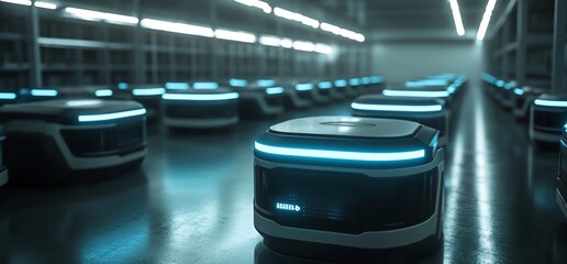 Poster - A row of autonomous robots in a futuristic warehouse setting.