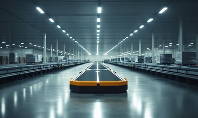 Poster - A spacious industrial warehouse with automated conveyor systems.