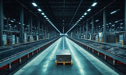 Poster - A spacious warehouse interior with pallets on conveyor belts for logistics.