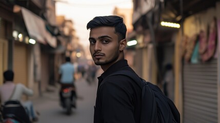 Man wearing a black shirt and backpack stands in front of a building