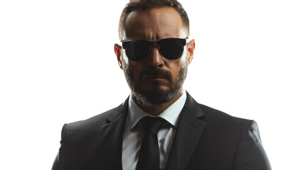 Serious bodyguard young american caucasian man beard dark sunglasses black suit on white background
