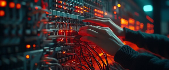 Poster - Hands adjusting a complex network of illuminated electronic connections.