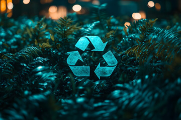 Wall Mural - Glowing recycle symbol amidst lush foliage at night.