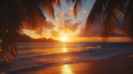 Wall Mural - Serene sunset over a tranquil beach with palm trees framing the view.