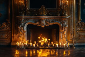 Poster - Ornate fireplace, burning fire, many candles.