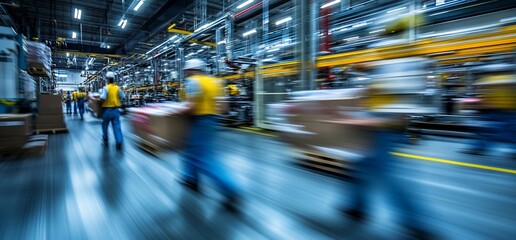 Poster - Workers moving boxes in a busy warehouse environment.