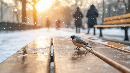 Wall Mural - tranquil winter scene with a small bird perched on a wet park bench as snow gently falls, with blurr