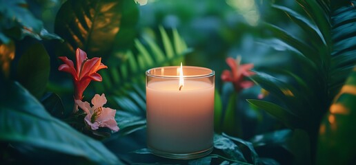 Wall Mural - A serene candle glowing amidst lush green foliage and vibrant flowers.