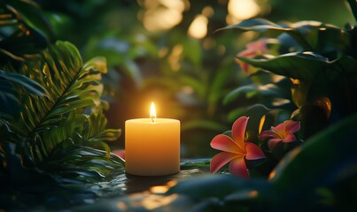 Wall Mural - A serene candle surrounded by lush foliage and vibrant flowers at sunset.