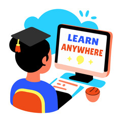 Sticker - A flat sticker of a student taking online class with learn anywhere typography 