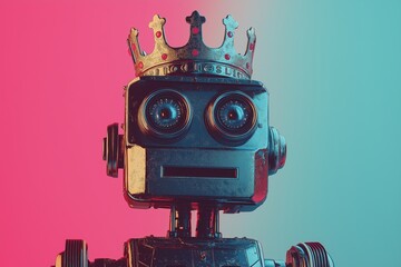 A vintage-style robot featuring a crown, set against a colorful and vibrant backdrop for a retro feel.