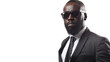© Sandra - Serious bodyguard mature african man beard dark sunglasses black suit on white background