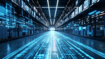 Poster - Futuristic warehouse with digital data flow and illuminated pathway.